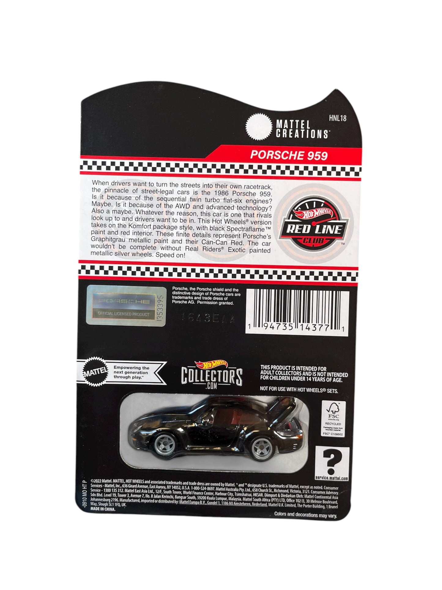 Hot Wheels RLC Exclusive 1986 Porsche 959, 75th Anniversary, Black