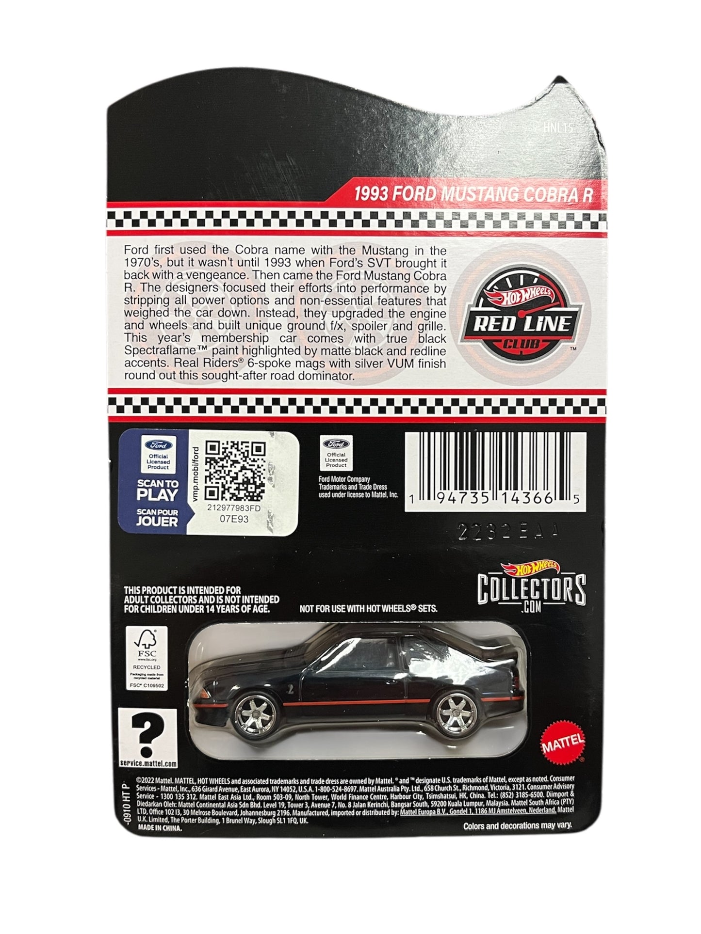 Hot Wheels 2023 Red Line Club RLC True Black 1993 Ford Mustang Cobra R