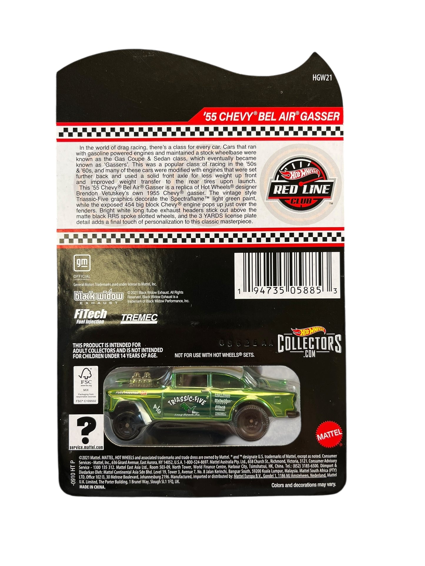 2021 Hot Wheels Red Line Club ‘55 Chevy Bel Air Gasser Triassic Five Green