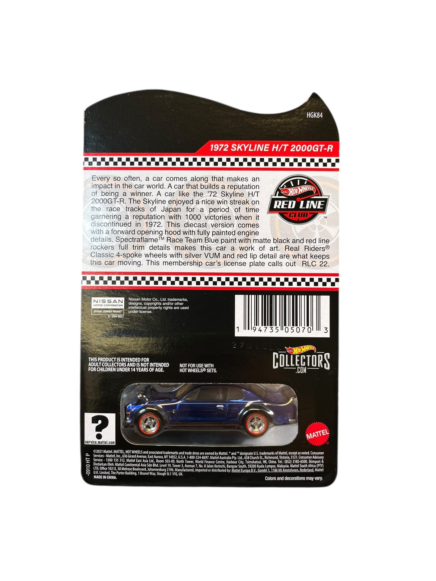 Hot Wheels 2022 Red Line Club Membership Nissan Skyline H/T 2000GT-R Patch/Pin
