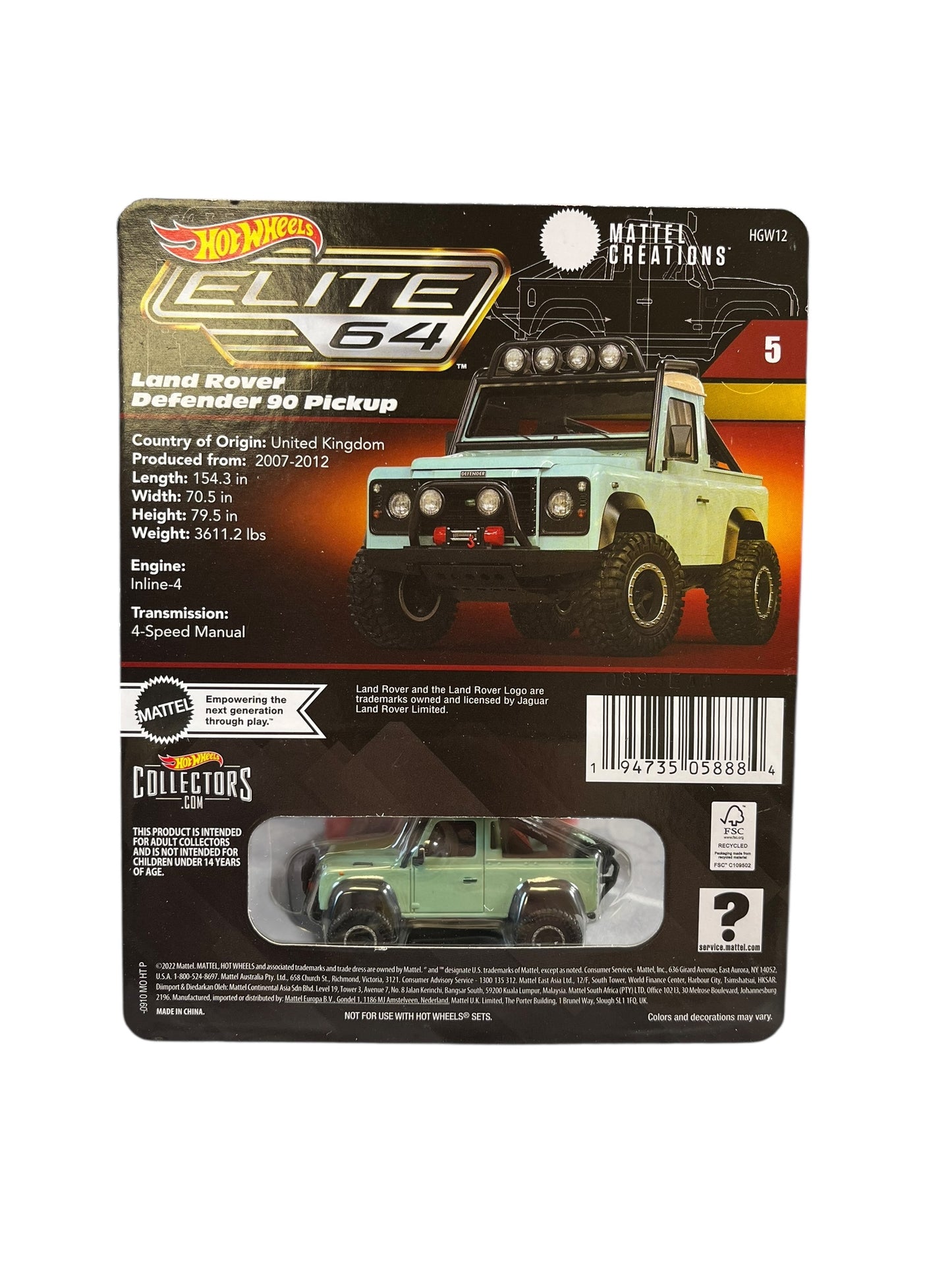 Hot Wheels Elite 64 Series Land Rover Defender 90 Pickup