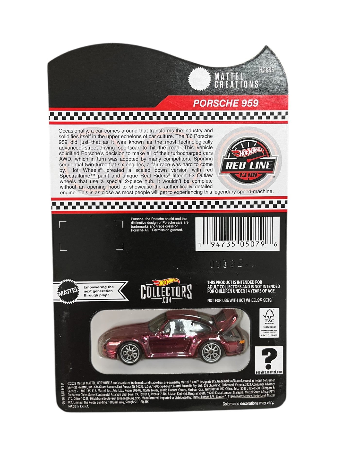 Hot Wheels RLC 1986 Porsche 959, Red, Redline Club Exclusive 2023